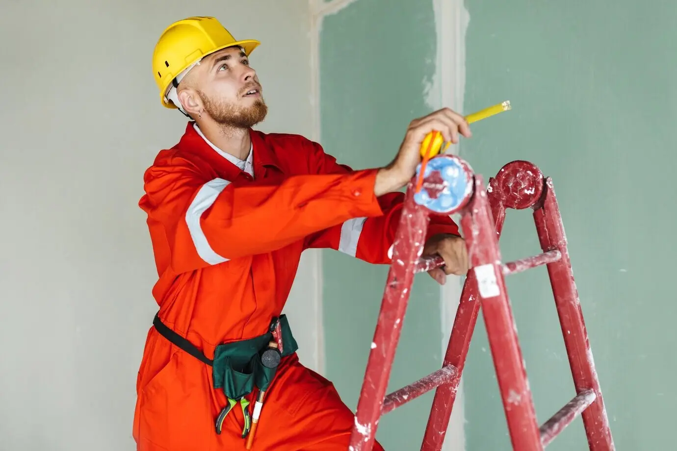 A young construction worker in orange workwear and a yellow hard hat stands on a ladder with a measuring tape in hand, thoughtfully looking at the ceiling in a new flat.